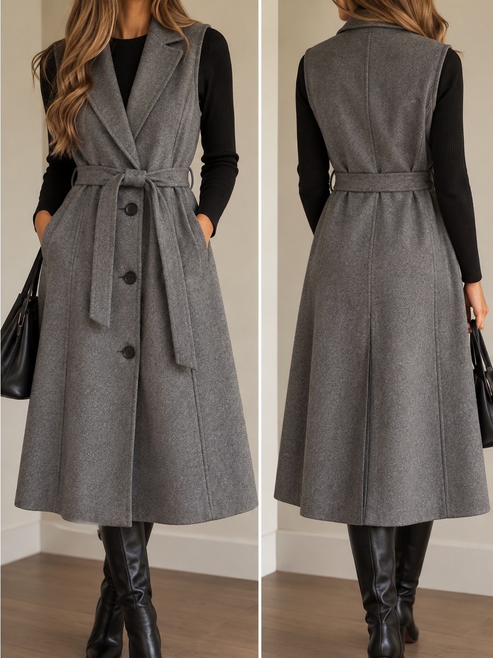 See U Soon Women’s Sleeveless Belted Midi Dress Coat - Gray